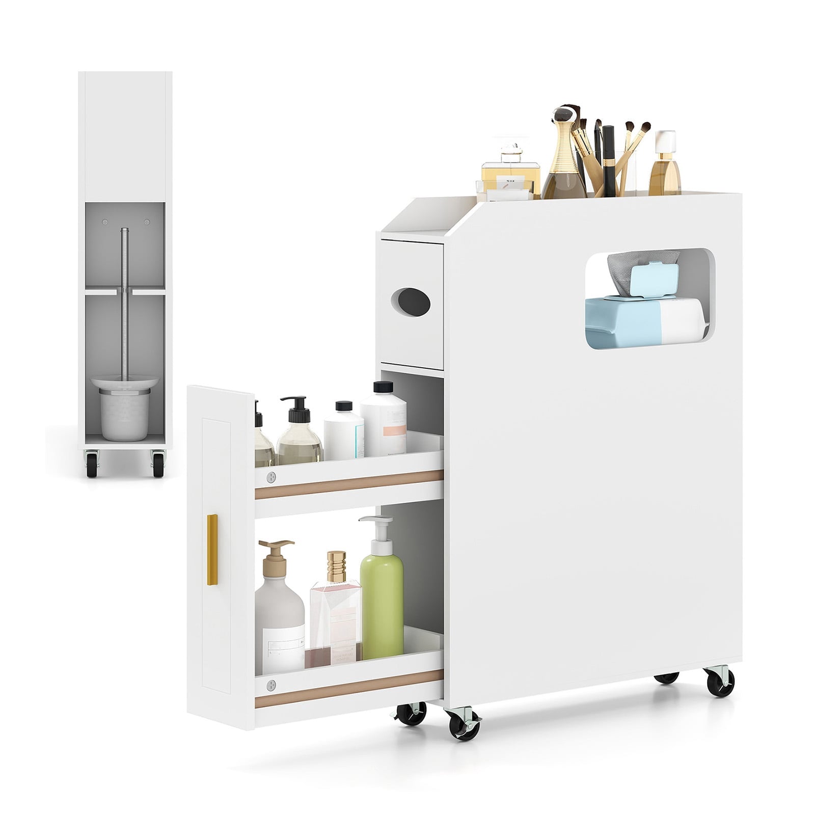 Schmaler Badezimmerschrank Mit Schublade Und Kosmetiktuchbox, Weiß