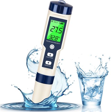 5-in-1 Digitaler Wassertester (ph-wert, Temperatur, Ec-wert, Tds Und Salzgehalt) — Ph-meter Für Wasser Mit Hintergrundbeleuchtetem Lcd-bildschirm — Testset Für Trinkwasser, Wein, Schwimmbäder Und Spas