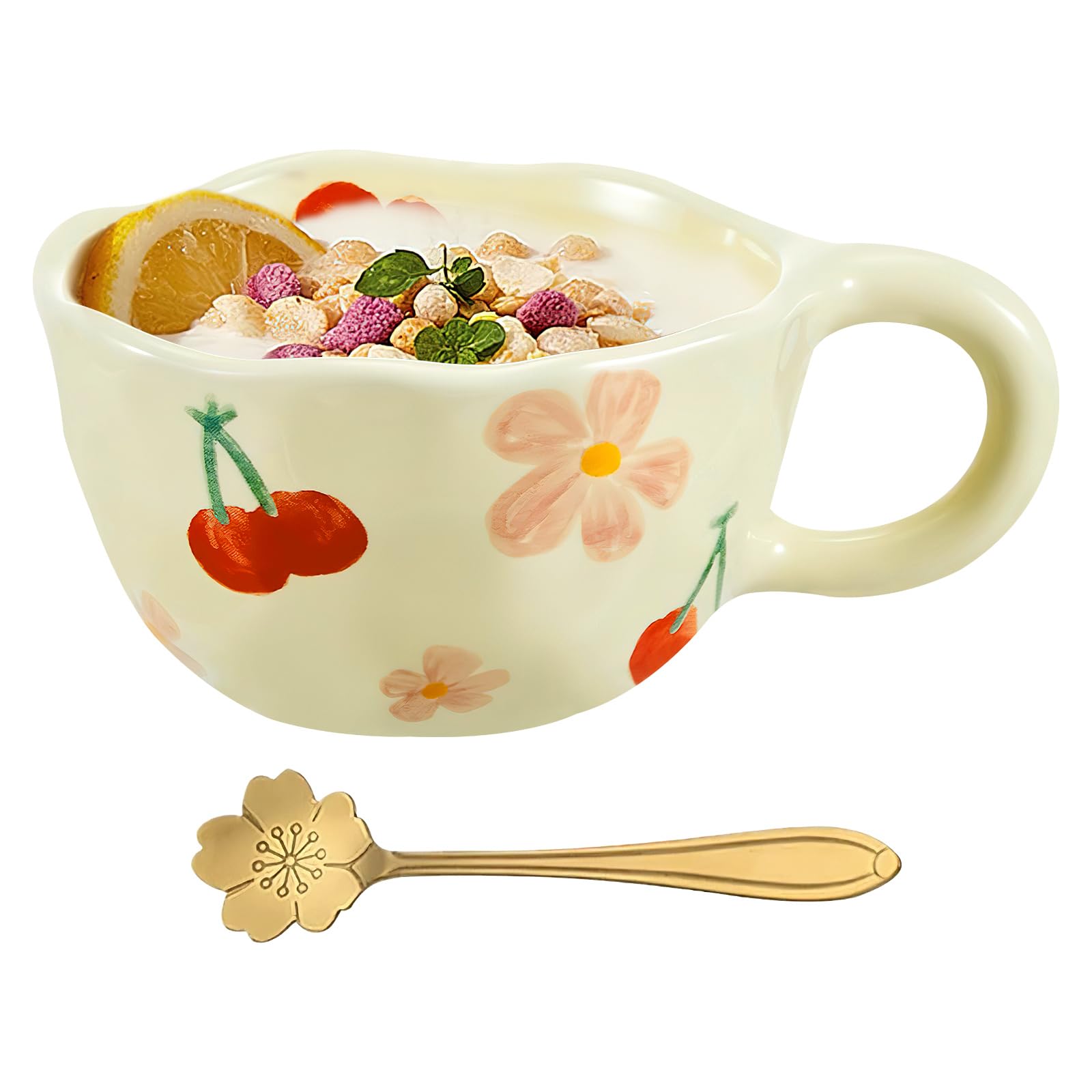 Keramikbecher Mit Blumenmuster, Kaffeebecher, Niedlicher Becher, Mit Löffel, Ästhetischer Und Kreativer Becher.