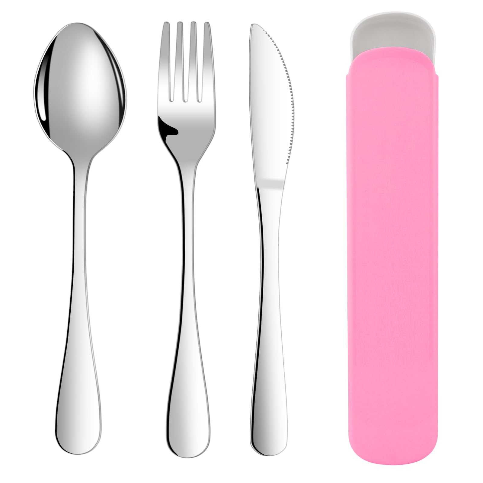 3-teiliges Besteckset Mit Etui, Tragbarer Edelstahl, Spülmaschinenfest, Für Reisen/camping/büro, Rosa.