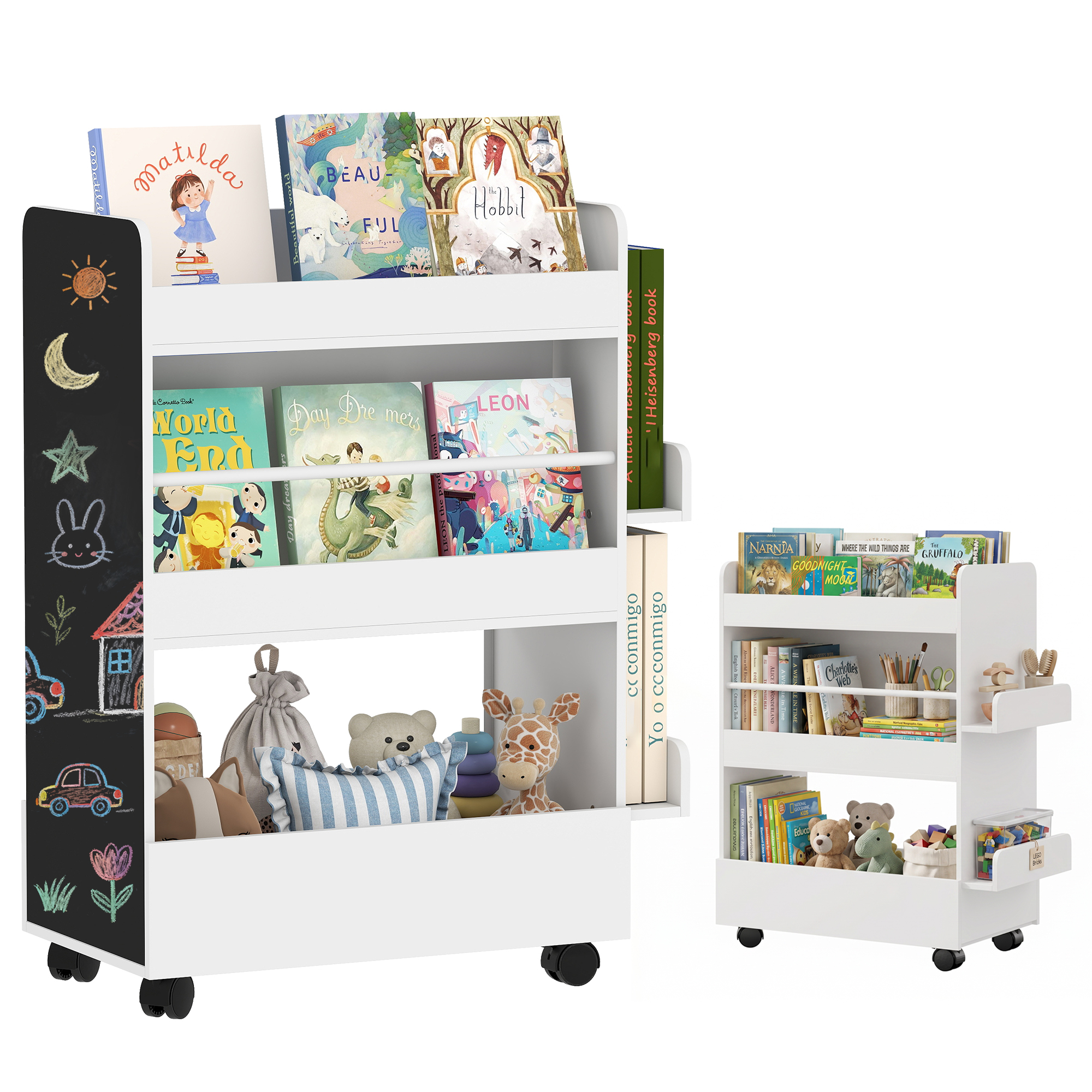 Kinderbücherregal Mit 4 Regalböden, Unterem Fach, 2 Seitenwänden, Tafel, Rollen, Für Kinder Von 3–8 Jahren, 66,5 X 32,5 X 86,5 Cm, Weiß