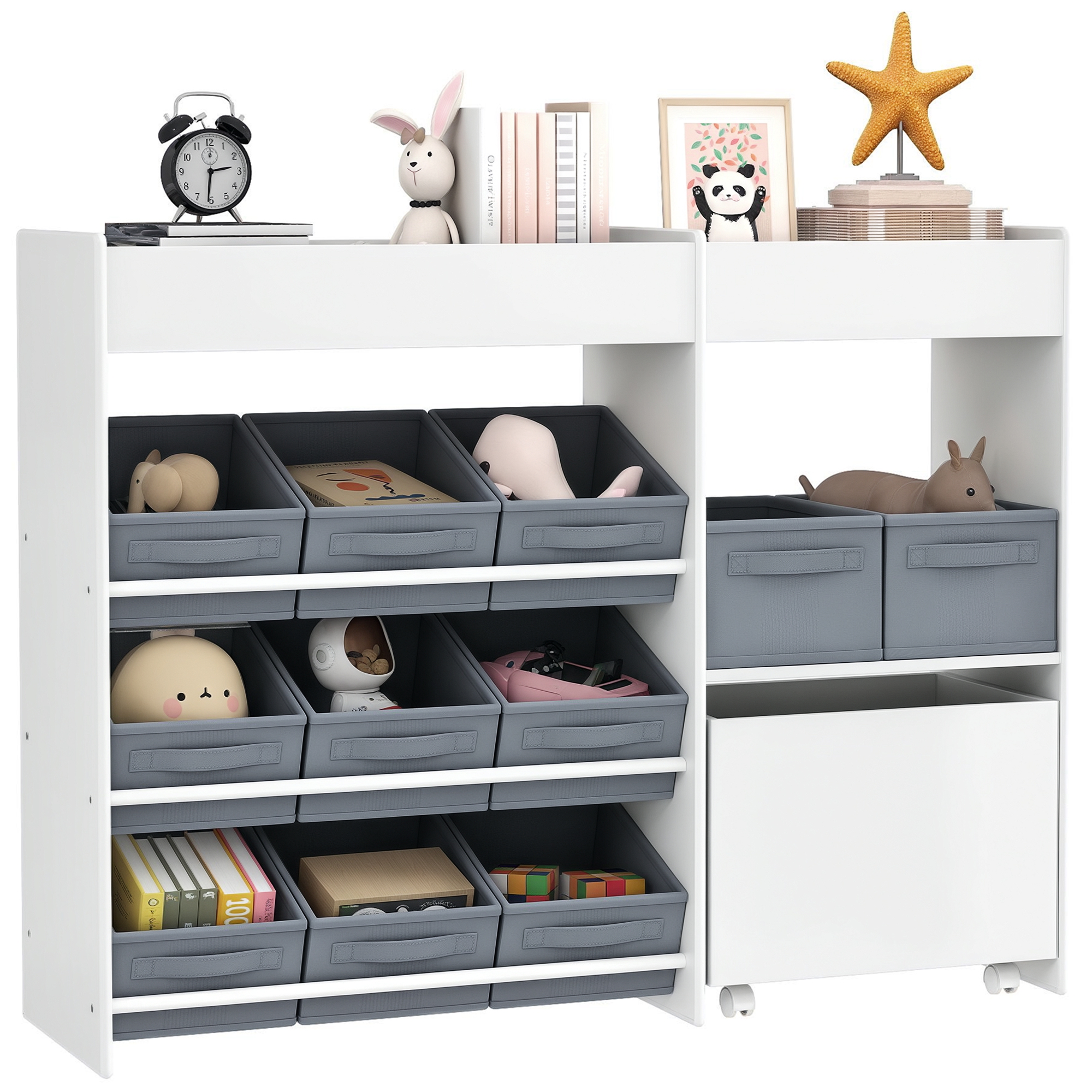 Kinderregal, Spielzeugschrank Mit 11 Stoffboxen, Oberen Fächern, 3 Aufklebern, Weiß