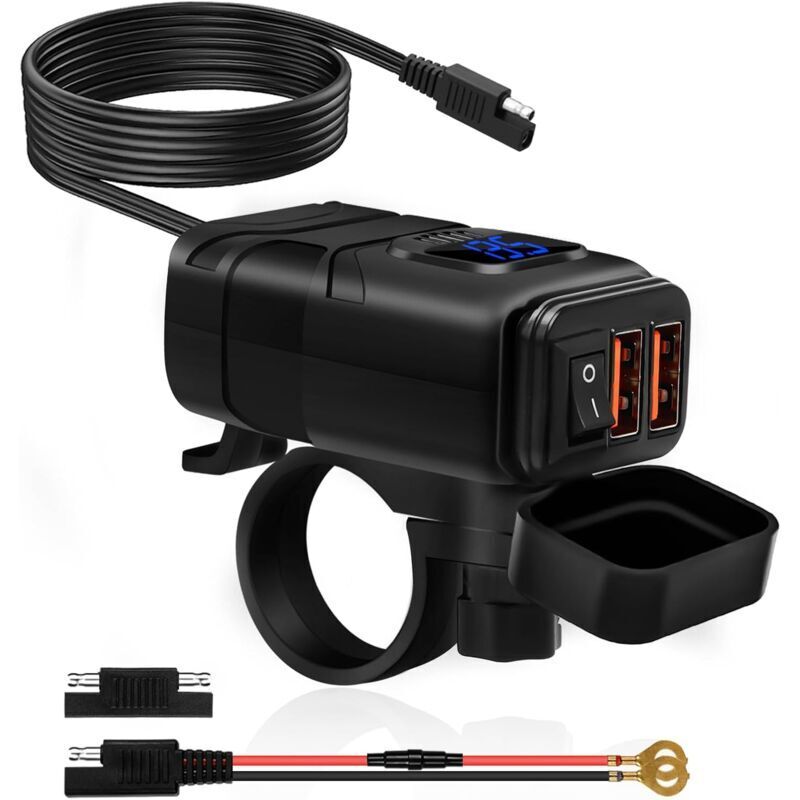 Wasserdichter Usb-lader Für Motorräder Und Autos – 2 Usb-anschlüsse + Qc3.0 Mit Schalter, Blauer Led-voltmeteranzeige Und Überspannungsschutz