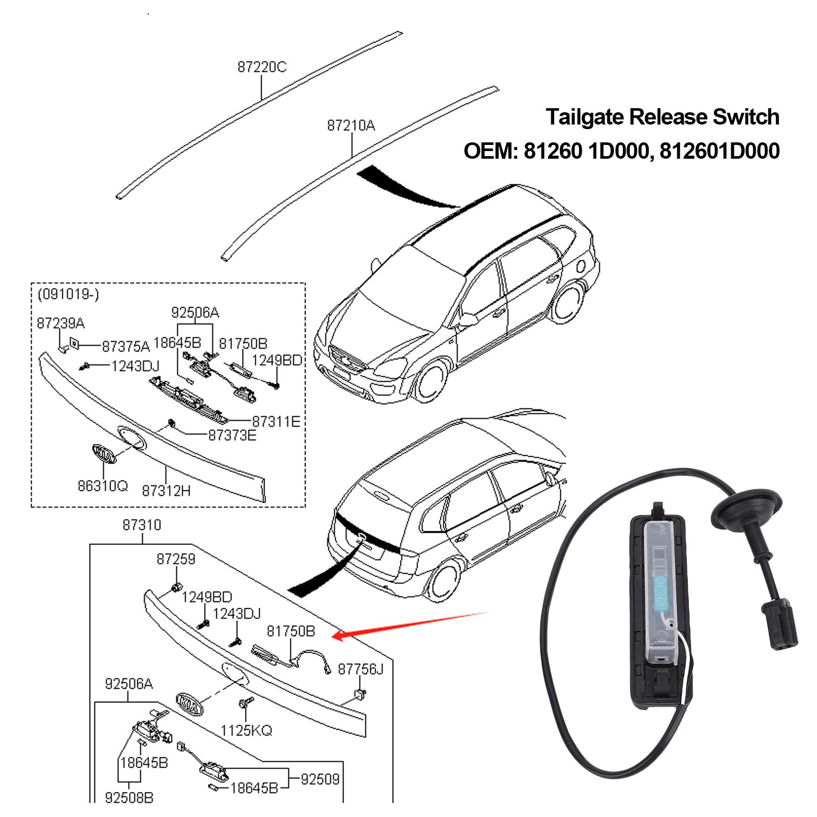 Abs Oem 81260 1d000 Heckklappenschalter Für Kia Rondo 2007-2012, Carens 2007-2012