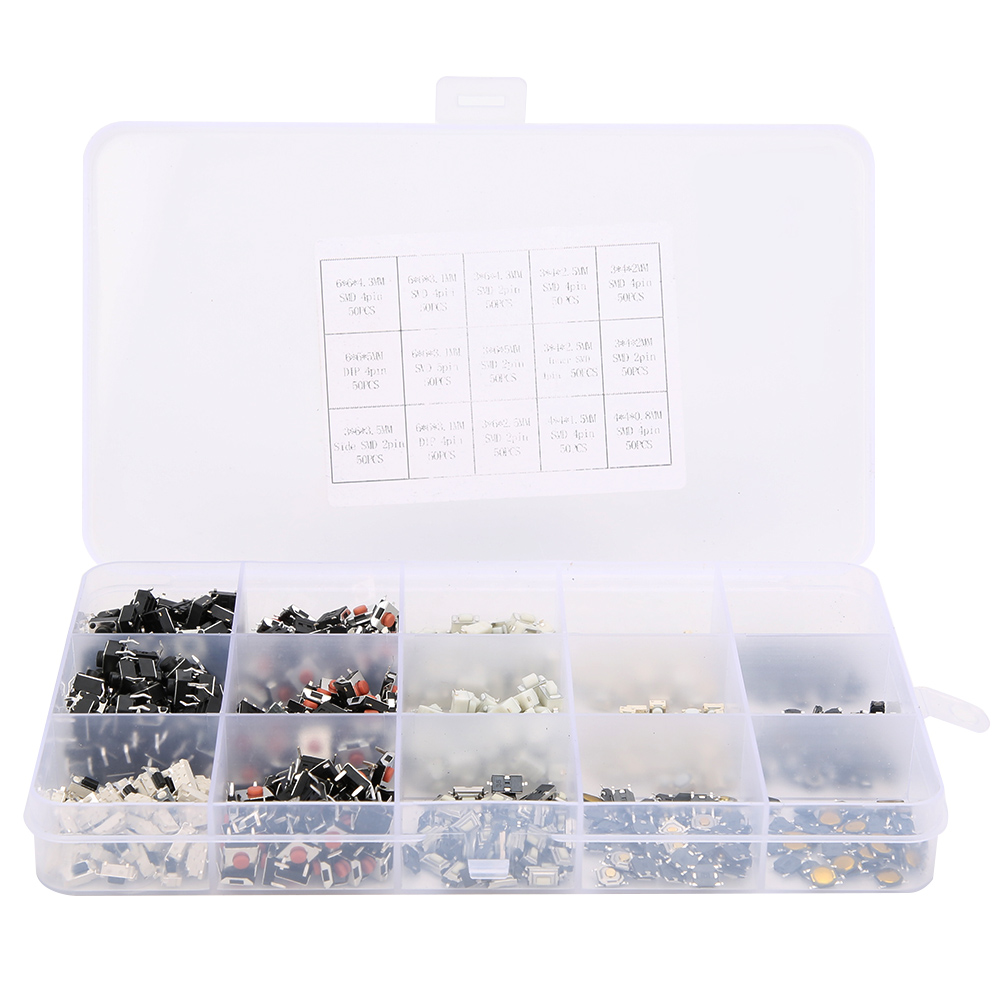 Packung Mit 750 Taktilen Mikroschalter-drucktastern – 15 Verschiedene Modelle