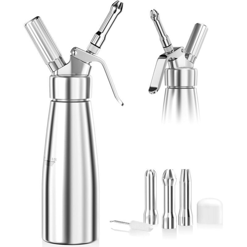500-ml-sahnespender Aus Aluminium Mit 3 Edelstahl-tüllen Und Reinigungsbürste – Ideal Zum Dekorieren Von Kuchen, Eiscreme Und Desserts