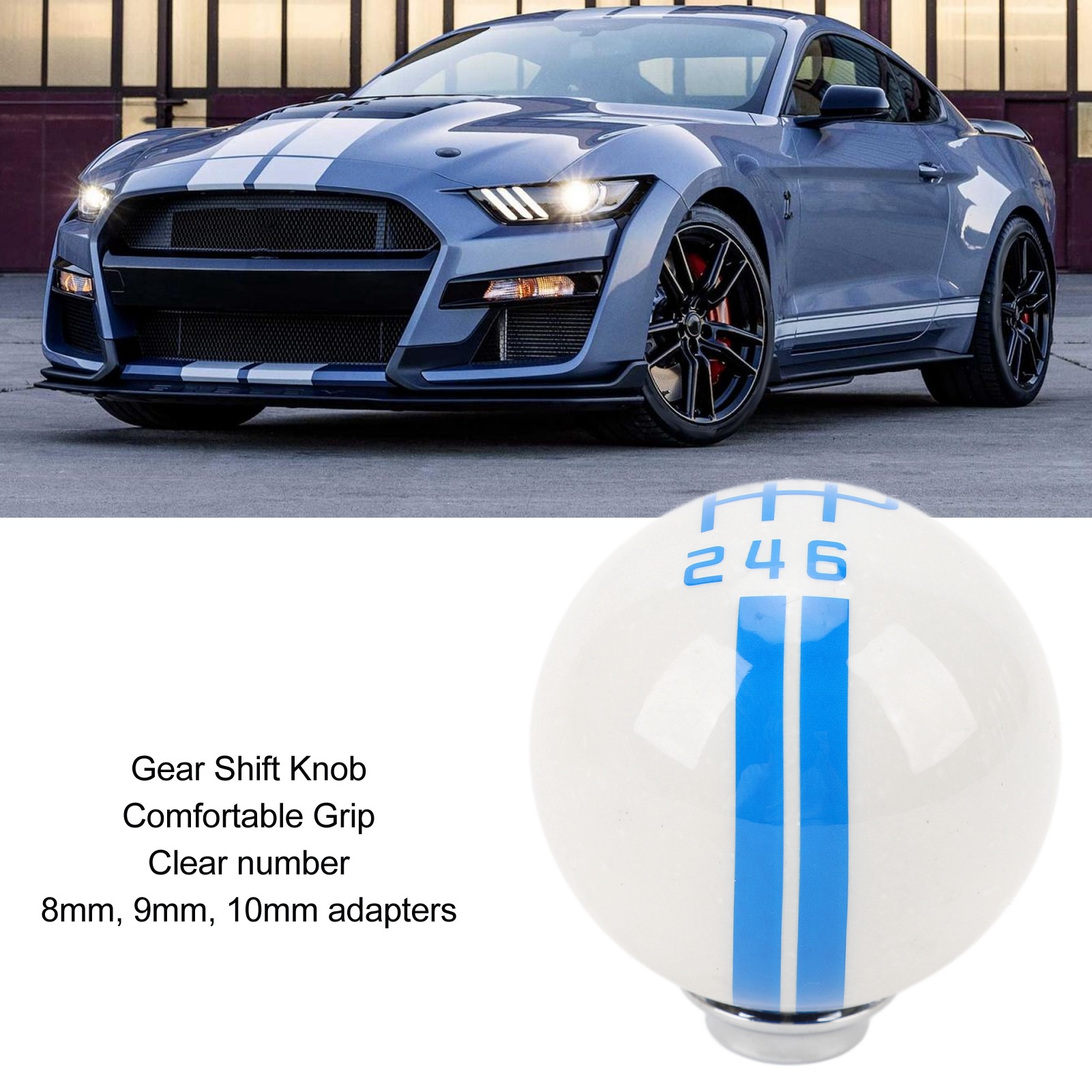 Schaltknauf Für Mustang Mit 3 Adaptern, Weiß Und Blau, 6 Gänge, Gt500-stil