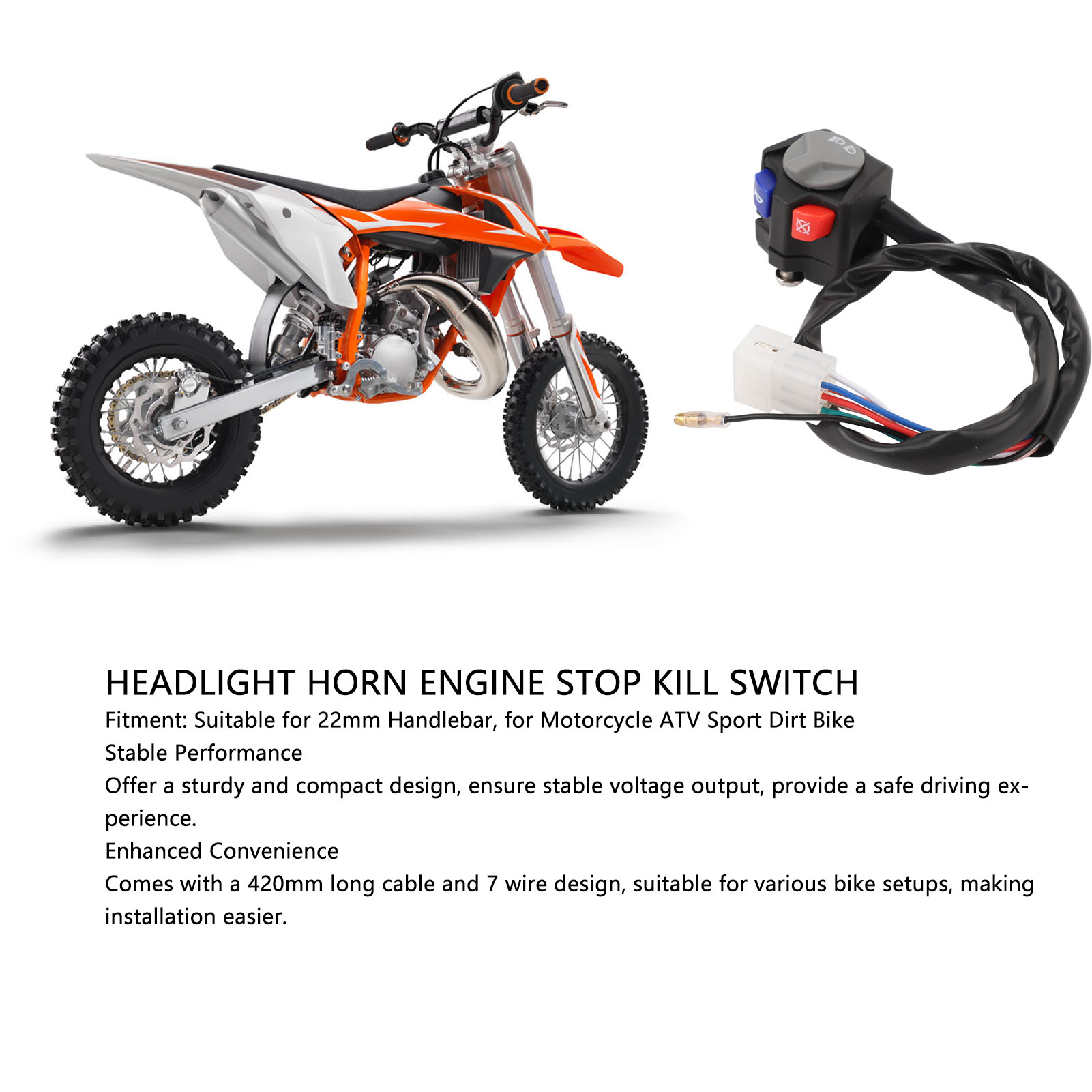 Motorrad-lenkerschalter – Motorstoppschalter, Scheinwerfer (fernlicht/fernlicht), Hupe – 7-adriges Kabel, 420 Mm Länge, 22 Mm Durchmesser – Für Atvs Und Dirtbikes