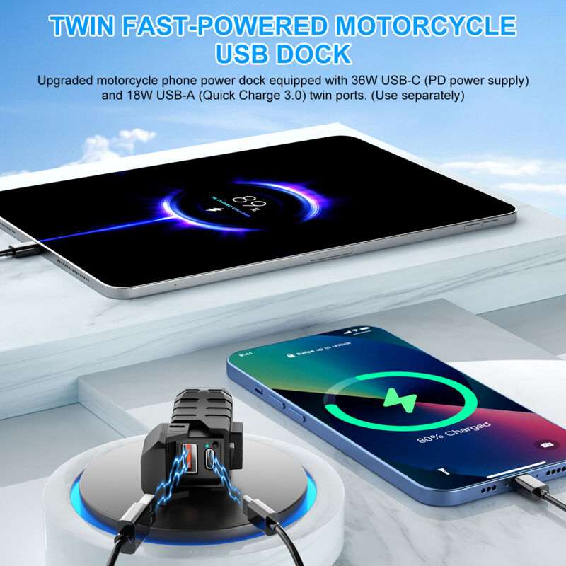 Usb-ladegerät Für Motorräder Und Atvs Mit Led-voltmeter, 36-w-usb-c-pd- Und 18-w-usb-a-anschlüssen, Schalter Und Lenkerhalterung
