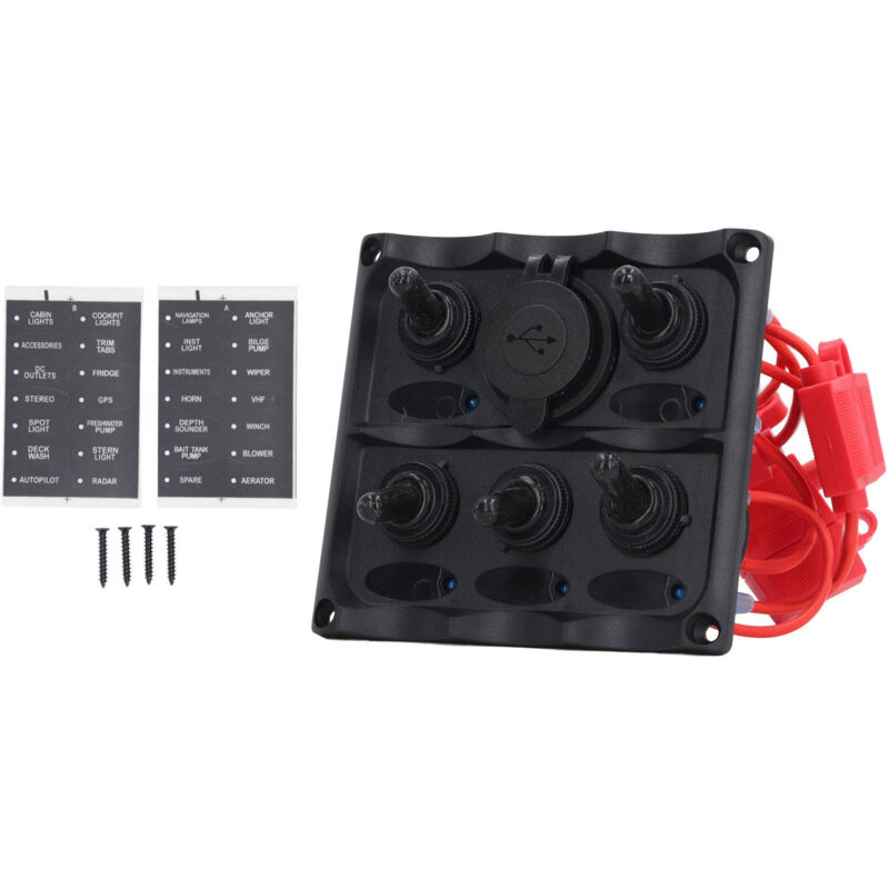 Marine-bedienfeld, 5-fach Wippschalterfeld Mit 2 Usb-anschlüssen Und 15-a-sicherung Für Boote Dc12v-24v