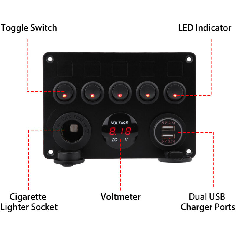 5-fach Wippschalterpanel (12–24 V) Mit Zwei Usb-anschlüssen Und Voltmeter Für Auto, Boot, Lkw