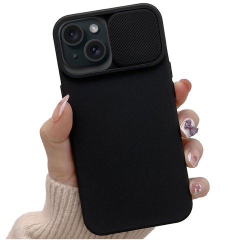 Iphone 15 Plus Slide Case Mit Kameraabdeckung, Mattschwarz, Alogy Soft Matt + Glas