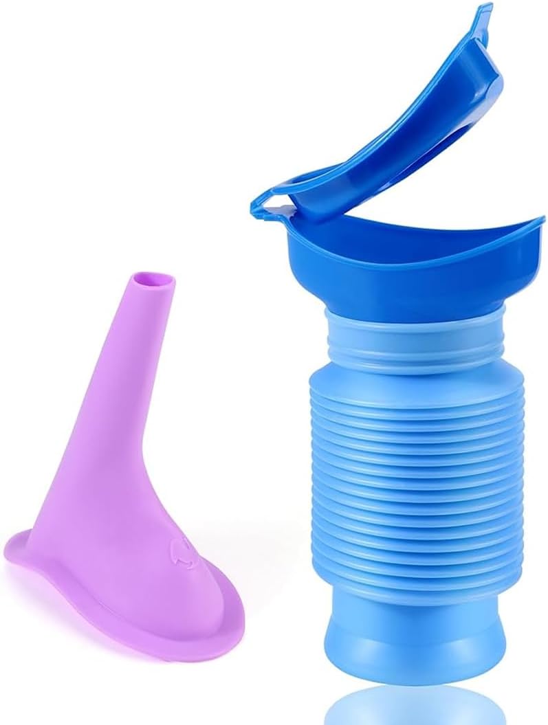 Einziehbares Urinal + Lila Trichter, Tragbares Urinal Für Männer Und Frauen, 750 Ml Wiederverwendbare Urinflasche, Notfallurinal Für Kinder, Für Camping, Auto, Reisen, Staus Und Warteschlangen