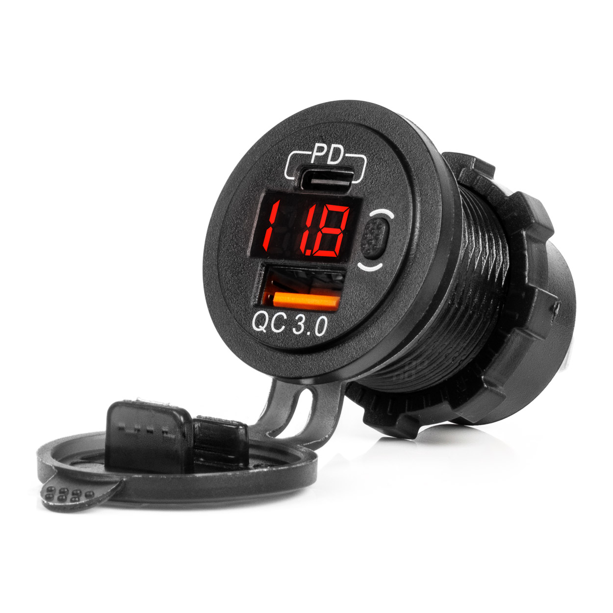 Kfz-ladegerät Mit Usb-anschlüssen Und Spannungsprüfer, Wasserdicht, Mit Usb-schalter + Usb C Qc3.0 12/24v Amio-04222