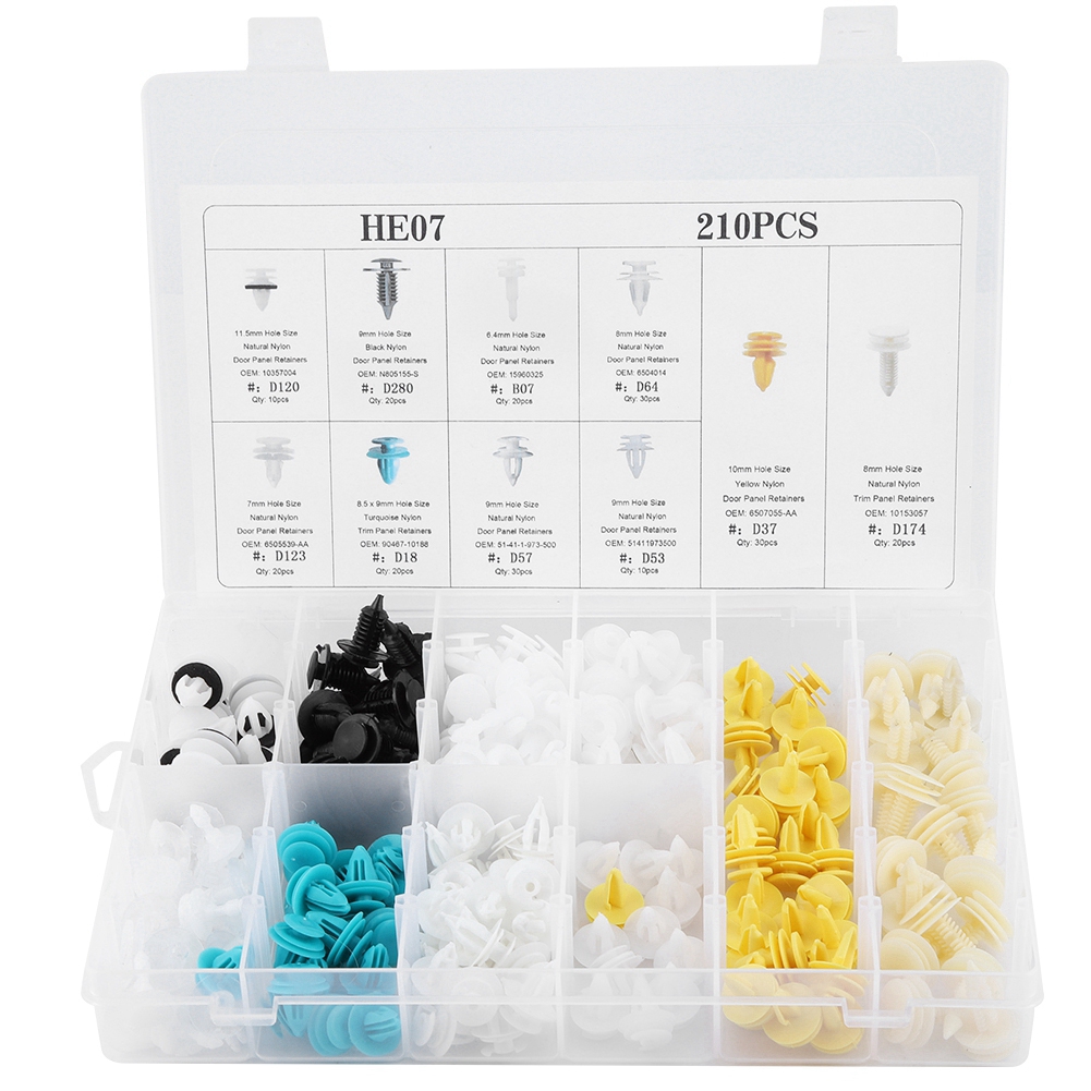 210-teiliges Universal-drucknieten-set – Hochwertiger Kunststoff – Verschiedene Typen (d120/d280/d123/d18/d57/d53/d64/b07/d37/d174) – Für Türverkleidungen, Stoßstangen, Zierleisten