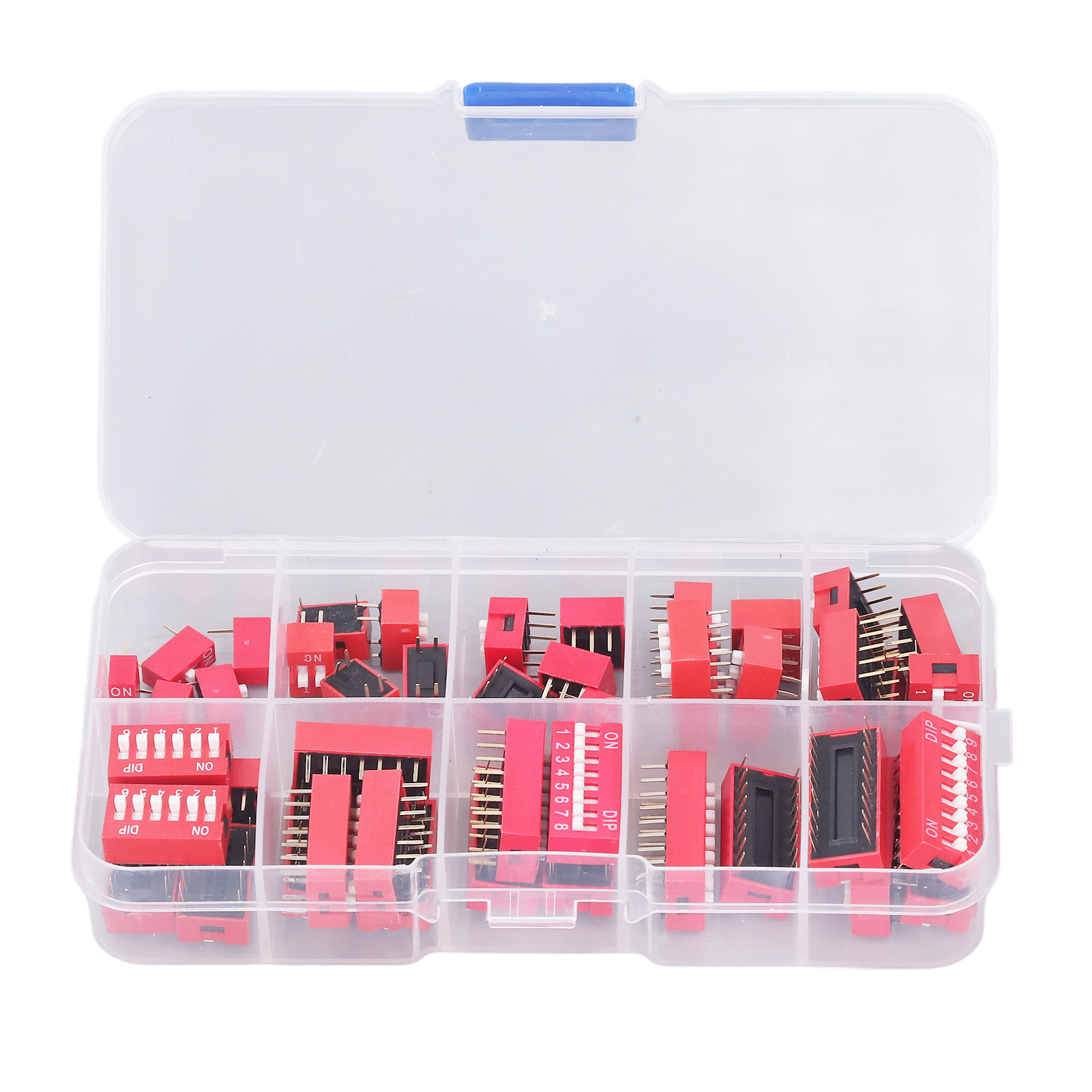 Sortiment Mit 45 Dip-schaltern (ein/aus) – 2,54 Mm Rastermaß – Versionen Mit 1, 2, 3, 4, 5, 6, 7, 8 Und 9 Pins – Für Steckplatinen