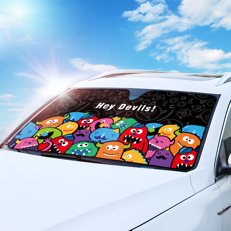 Auto-sonnenschutz Mit Cartoon-dämonenmotiv – Windschutzscheiben-sonnenschutz Aus Aluminium, 130 X 70 Cm, Hitze- Und Uv-schutz