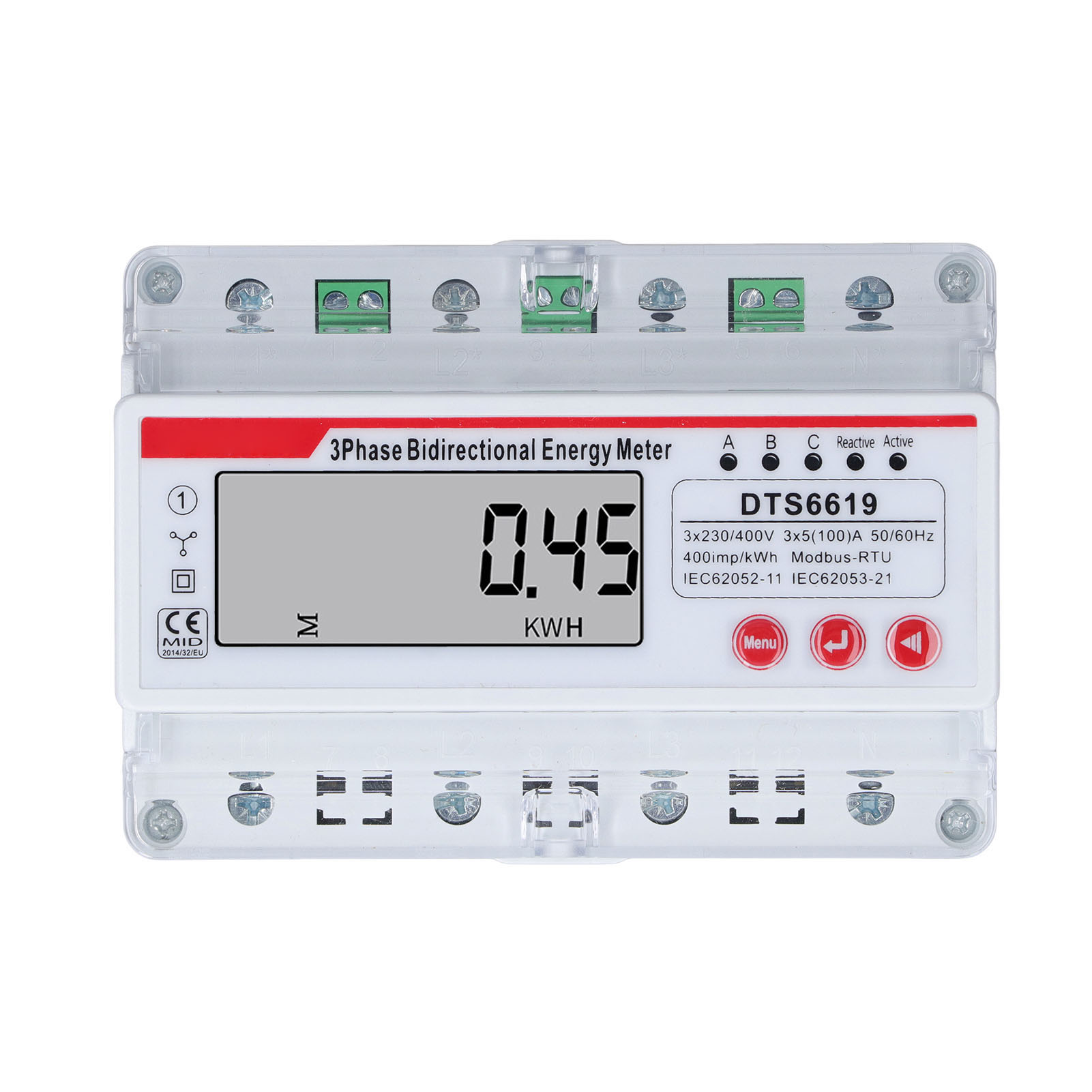 Dreiphasiger 4-leiter-elektronikzähler, Multifunktionales Lcd-display, Bidirektionale Steuerung, 7p 3 X 230/400 V, Schutzklasse 1, 35-mm-din-schienenmontage