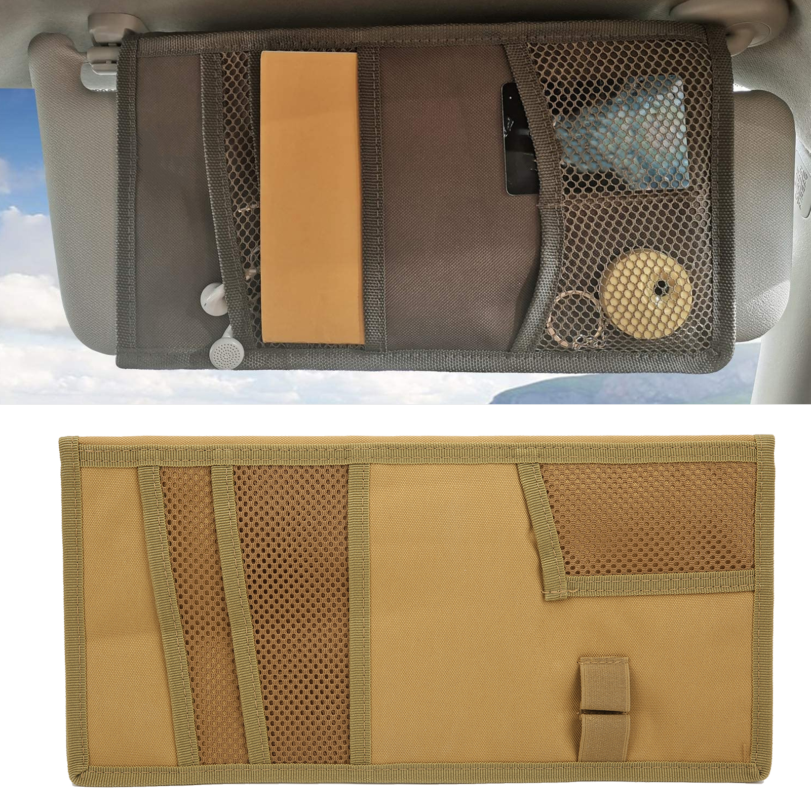 Auto-sonnenschutz-organizer, Maximale Kapazität, Wasserdichtes Oxford-gewebe (khaki)