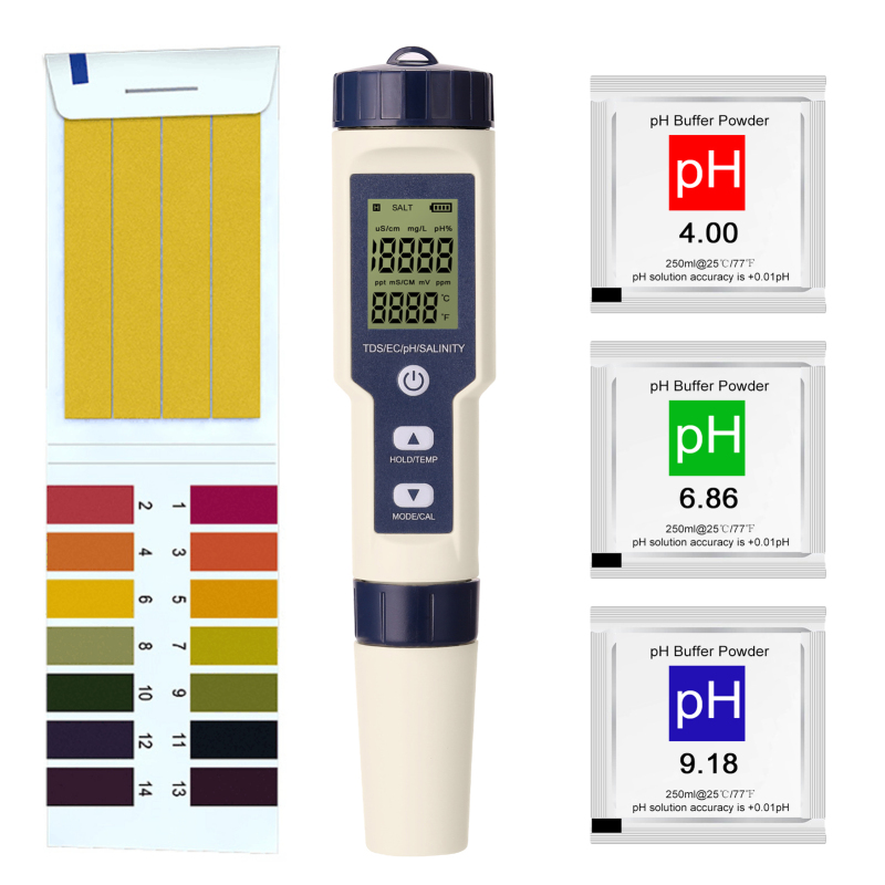 5-in-1 Multifunktions-tester: Ph-wert/elektroleitfähigkeit/gesamtfeststoffgehalt/salzgehalt/thermometer, Wasserqualität