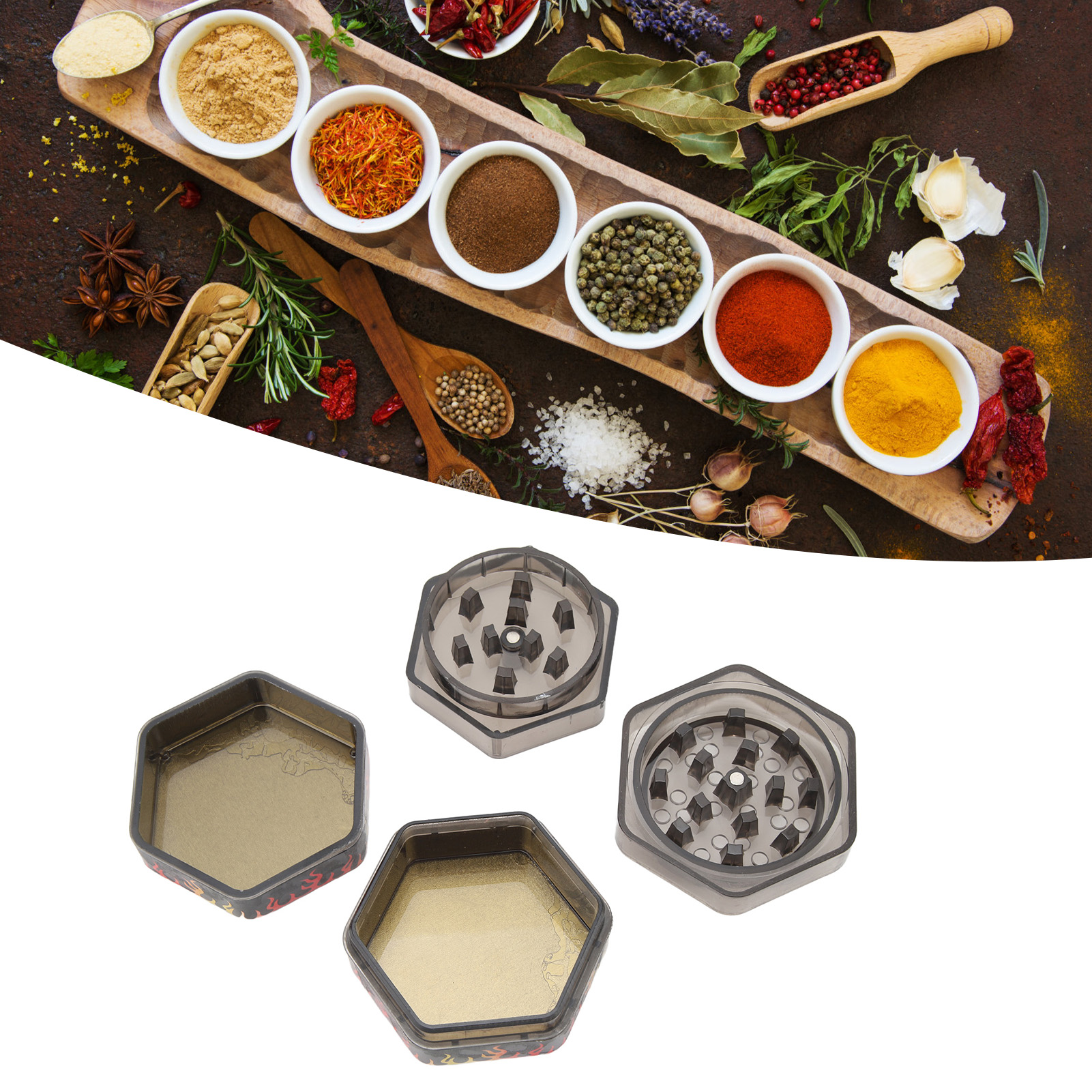50 Mm Sechseckige, Dreistufige Manuelle Kräuter- Und Gewürzmühle Aus Zinklegierung Mit Totenkopf- Und Flammenmechanismus
