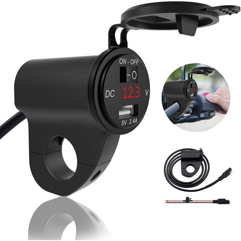 Wasserdichter Usb-motorradlader Mit Integriertem Voltmeter, Sicherung Und Schalter, 22-mm-lenkerhalterung, Schwarz