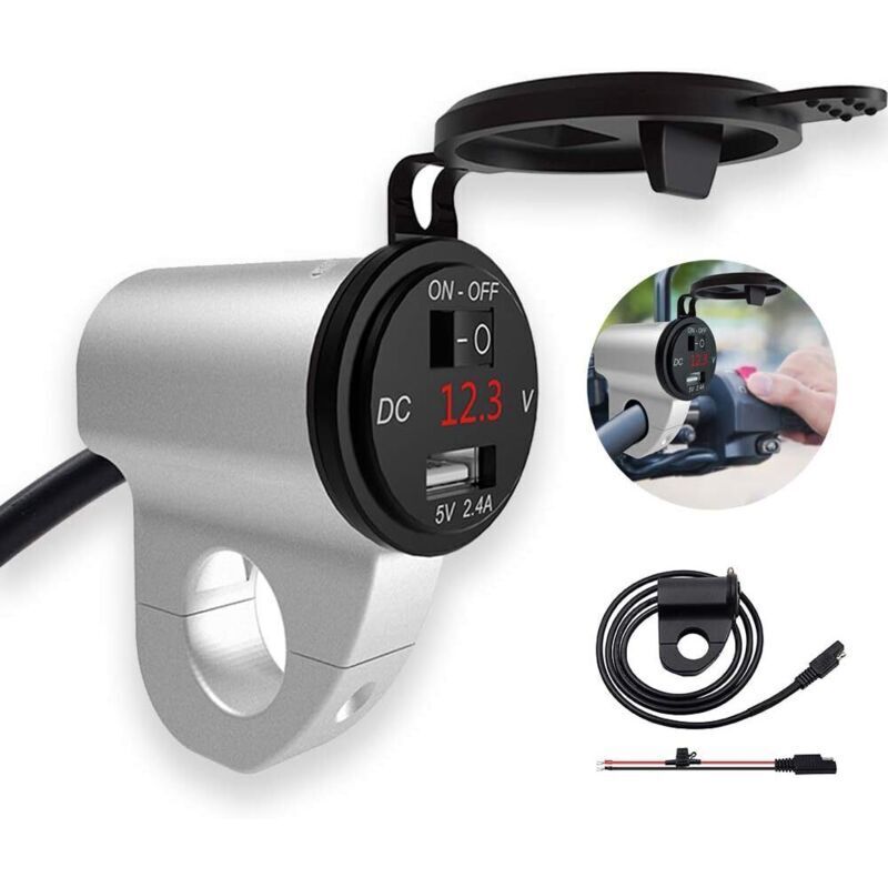 Wasserdichter Usb-motorradlader Mit Integriertem Voltmeter, Sicherung Und Universeller 22-mm-lenkerhalterung – Silber