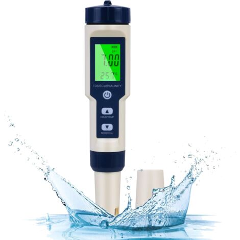 Elektronisches 5-in-1-ph-meter Mit Hintergrundbeleuchtetem Lcd-display Zur Messung Von Ph-wert, Tds, Ec-wert, Temperatur Und Salzgehalt Für Trinkwasser, Aquarien Und Schwimmbäder.