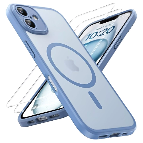 3-in-1-set: Hybrid-schutzhülle + 2x Gehärtetes Glas Für Apple Iphone 16, Hybrid-magsafe-schutzhülle Mit Linsenschutz, Alogy 3-in-1-hüllen-set, Himmelblau