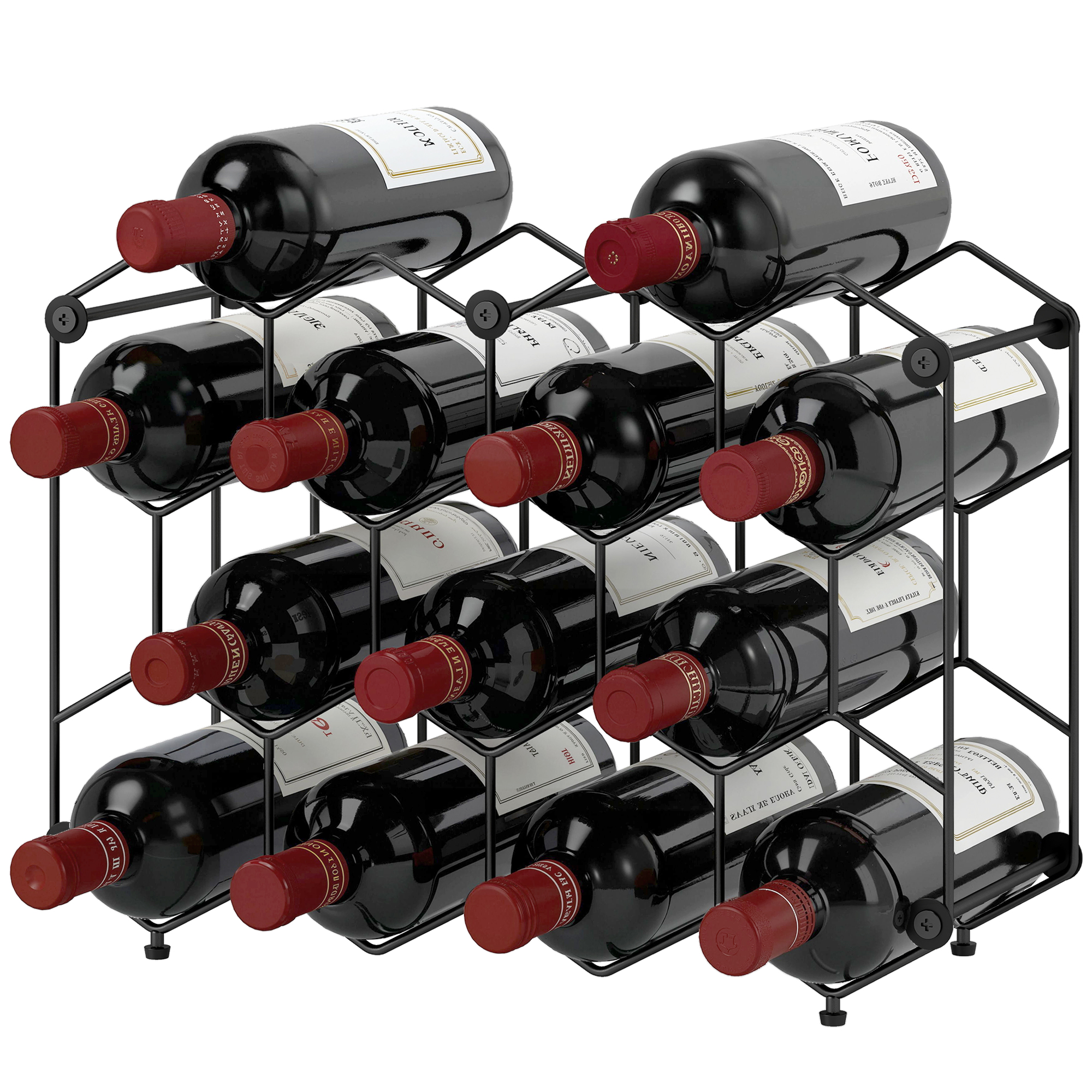 Weinregal Für 13 Flaschen Flaschenregal Mit Wabendesign Verstellbaren Füßen Kippschutz Metall 43 X 15,5 X 31 Cm Schwarz