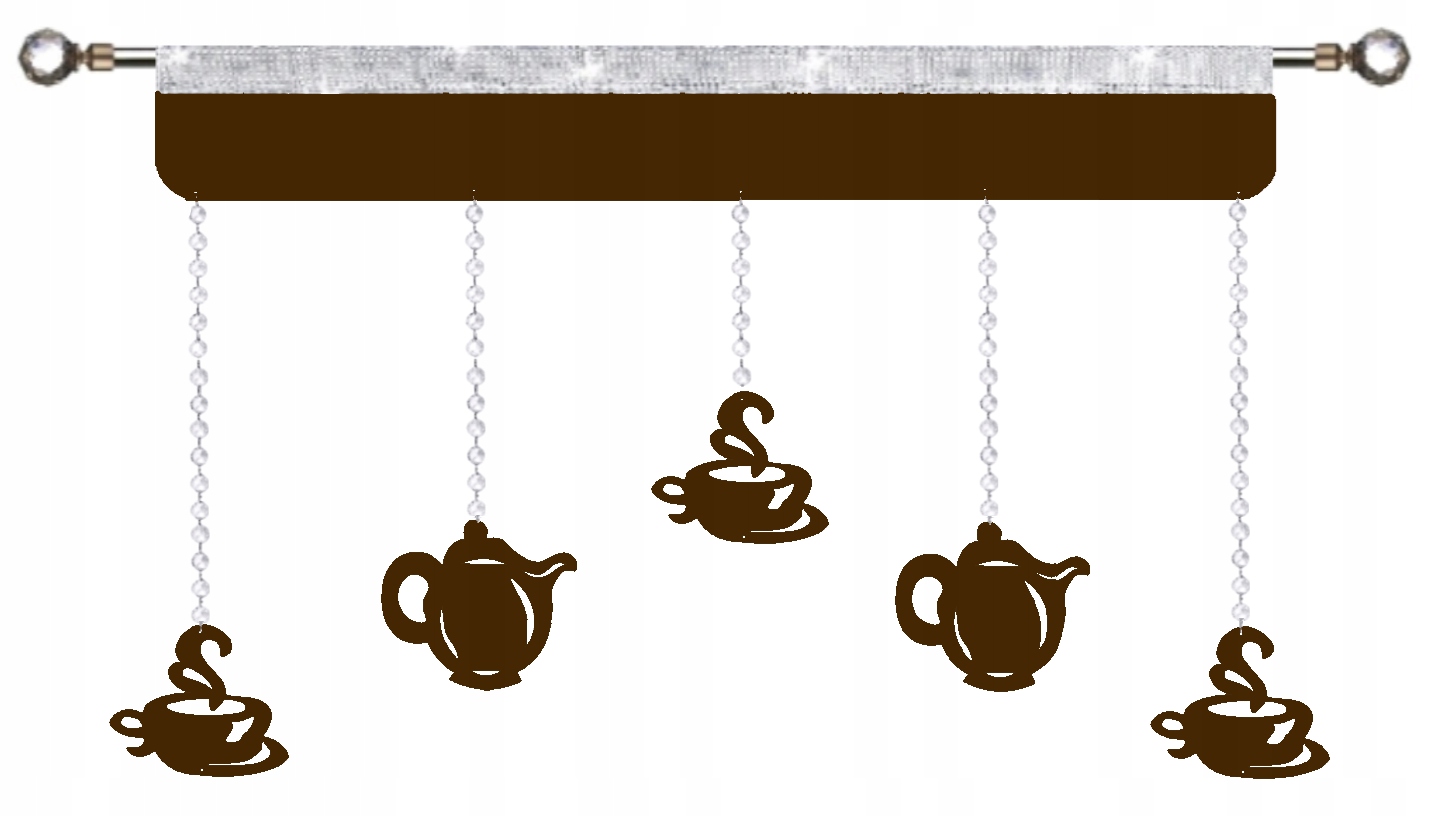 Durchbrochener Küchenvorhang, Girlande, Elegante Kaffeetassen, Krüge, 150 Cm, Braun