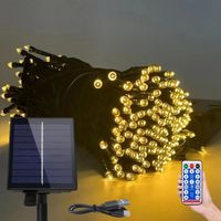 50 M Lange Solar-lichterkette, 500 Warmweiße Leds, 8 Modi Mit Fernbedienung Und Photovoltaikpanel Für Den Außenbereich