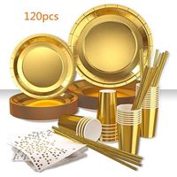 120-teiliges Goldenes Einweggeschirr, Bestehend Aus Robusten Tellern Und Bechern, Umweltfreundlichen Papierservietten Und Strohhalmen, Für Geburtstage Und Hochzeiten.
