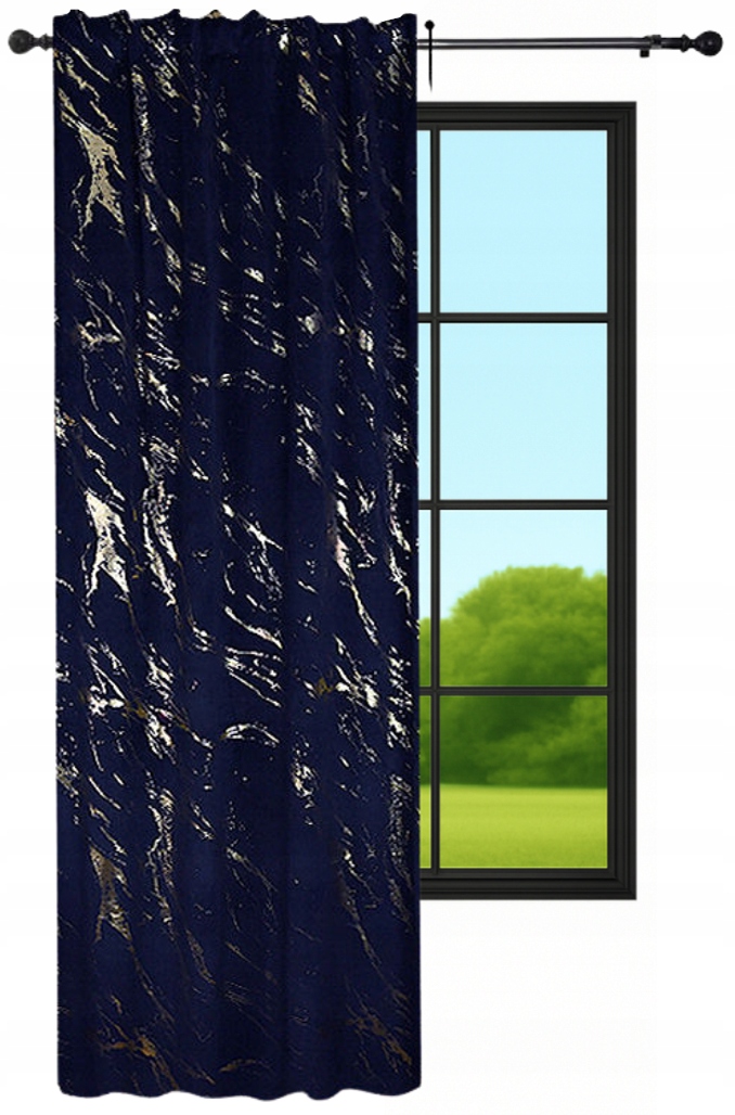 Samtvorhang 140x250 Marmor Marineblau Mit Goldmuster