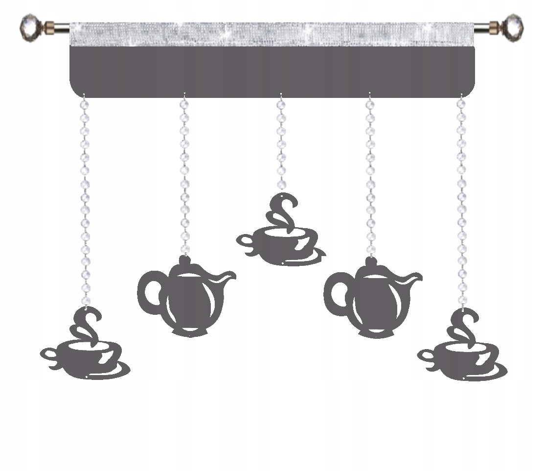 Durchbrochener Küchenvorhang, Girlande, Kaffeekannen, Tassen, 90 Cm, Grau