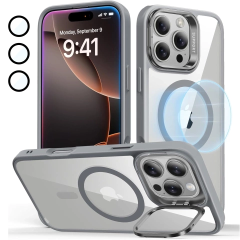 Hybrid-schutzhülle Für Apple Iphone 16 Pro Max: Alogy Kickstand Hybrid Case Mit Ständer Für Magsafe, Grau + Gehärtetes Glas