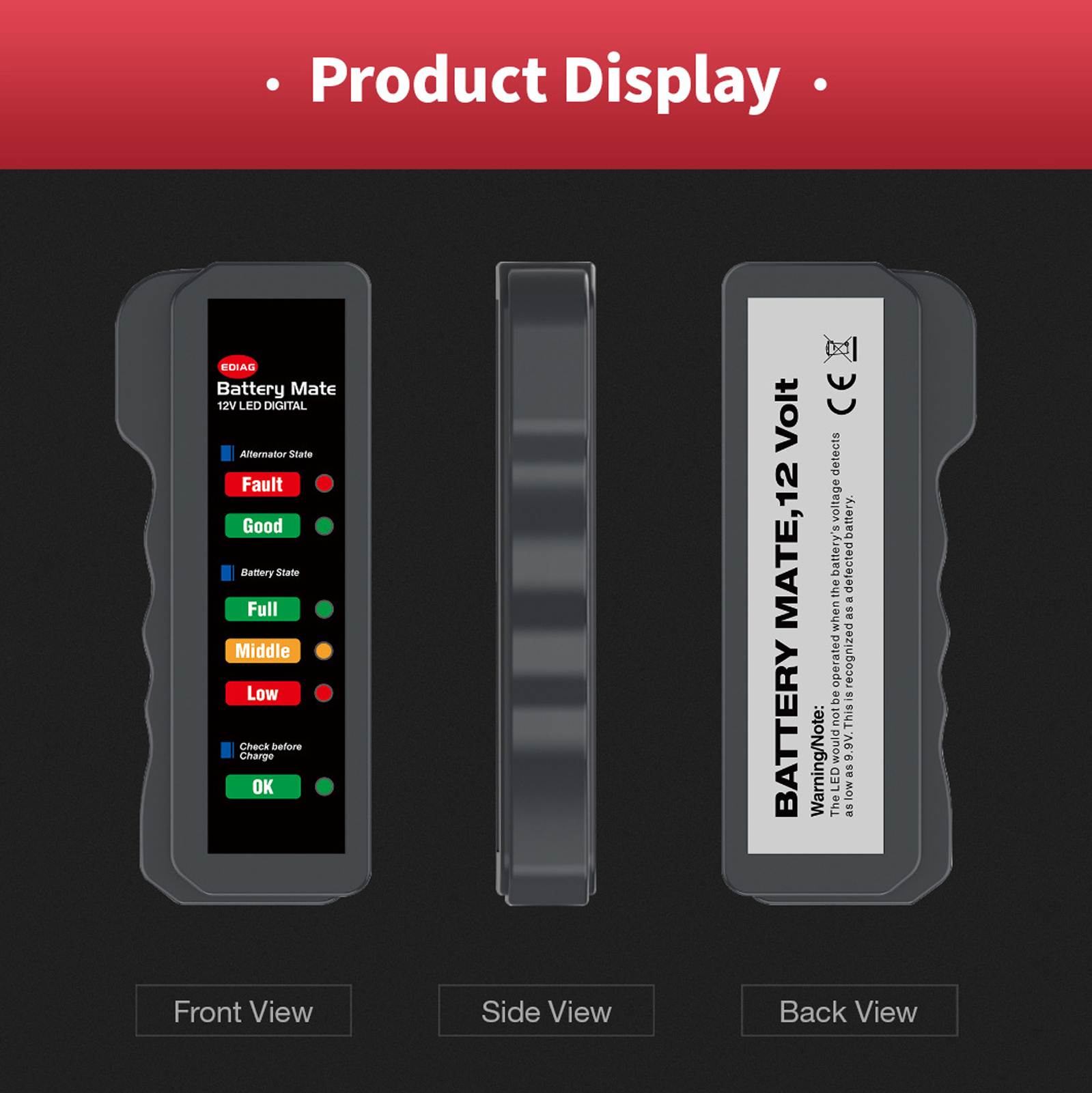 12-v-auto-/motorradbatterietester Mit Led, Verpolungsschutz – 4–12 V Spannung, Testklemmen, Grau