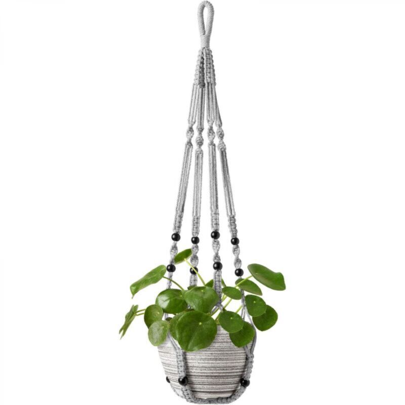 Zimmerpflanzenhalter Aus Grauer Baumwolle – 85 Cm, Mit Naturholzperlen, Ohne Haken – 2er-set