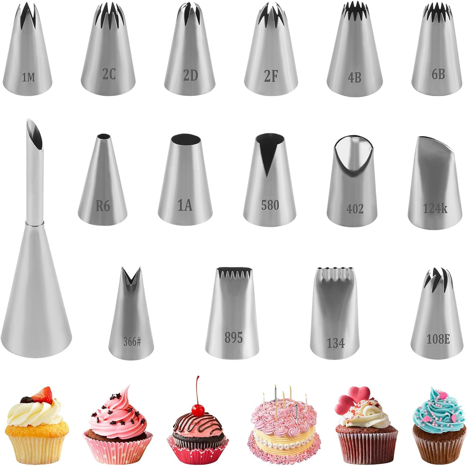 16 Große, Professionelle Spritztüllen Aus Edelstahl, Inklusive Spritzbeutelspitzen, Große Tüllen + 1 Brandteigtülle, Zubehör Zum Dekorieren Von Kuchen, Cupcakes, Keksen Und Zuckerguss