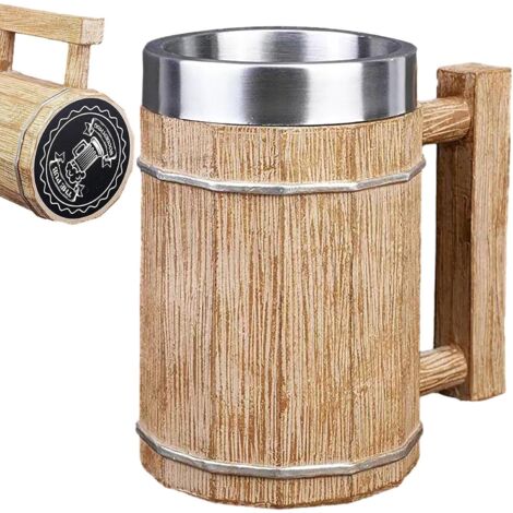 Bierkrug In Fassform Aus Holz - Großer Doppelwandiger Cocktailbecher Aus Edelstahl (600 Ml), Im Wikingerstil, Umweltfreundlicher Kaffeebecher Aus Edelstahl In Holzoptik.