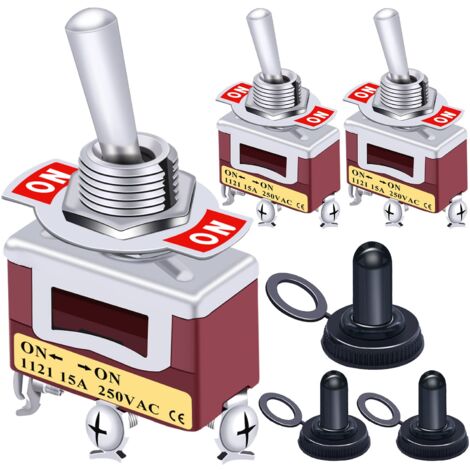 Spst-wippschalter, 2 Positionen (ein/ein), 2 Anschlüsse, Metall, 20 A 125 V / 15 A 250 V + 3 Wasserdichte Abdeckungen, 2 Jahre Garantie – Ten-1121+mz