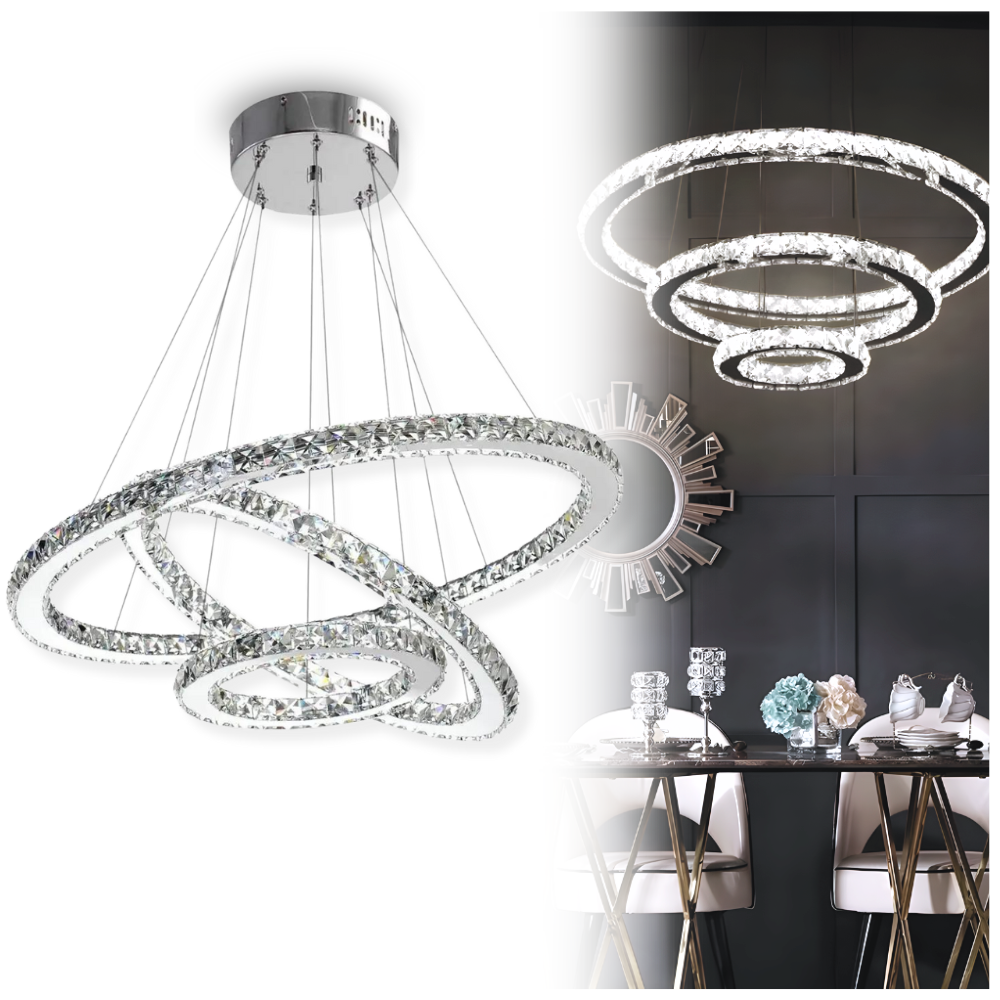 Kristalllüster, Hängelampe Mit 3 Ringen Und Spiegel Für Das Wohnzimmer, Kühl