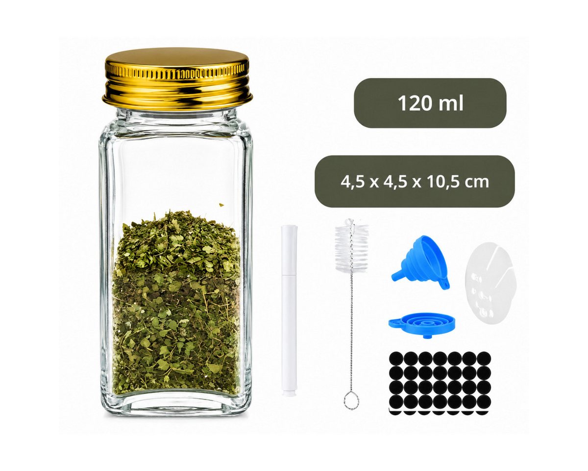 Set Mit 24 Gewürzgläsern Aus Glas, Goldener Organizer Bild 2
