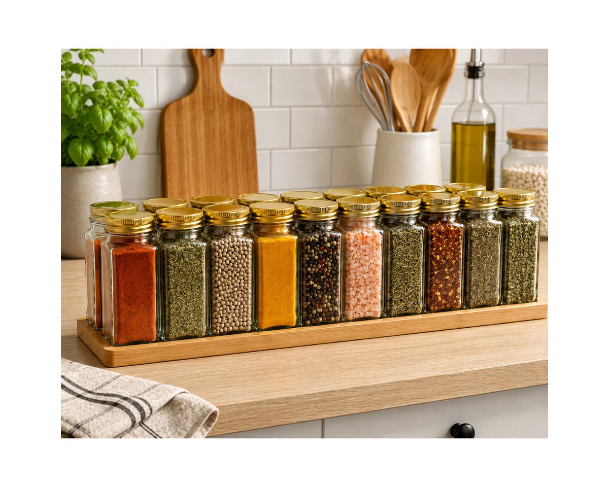 Set Mit 24 Gewürzgläsern Aus Glas, Goldener Organizer Bild 4