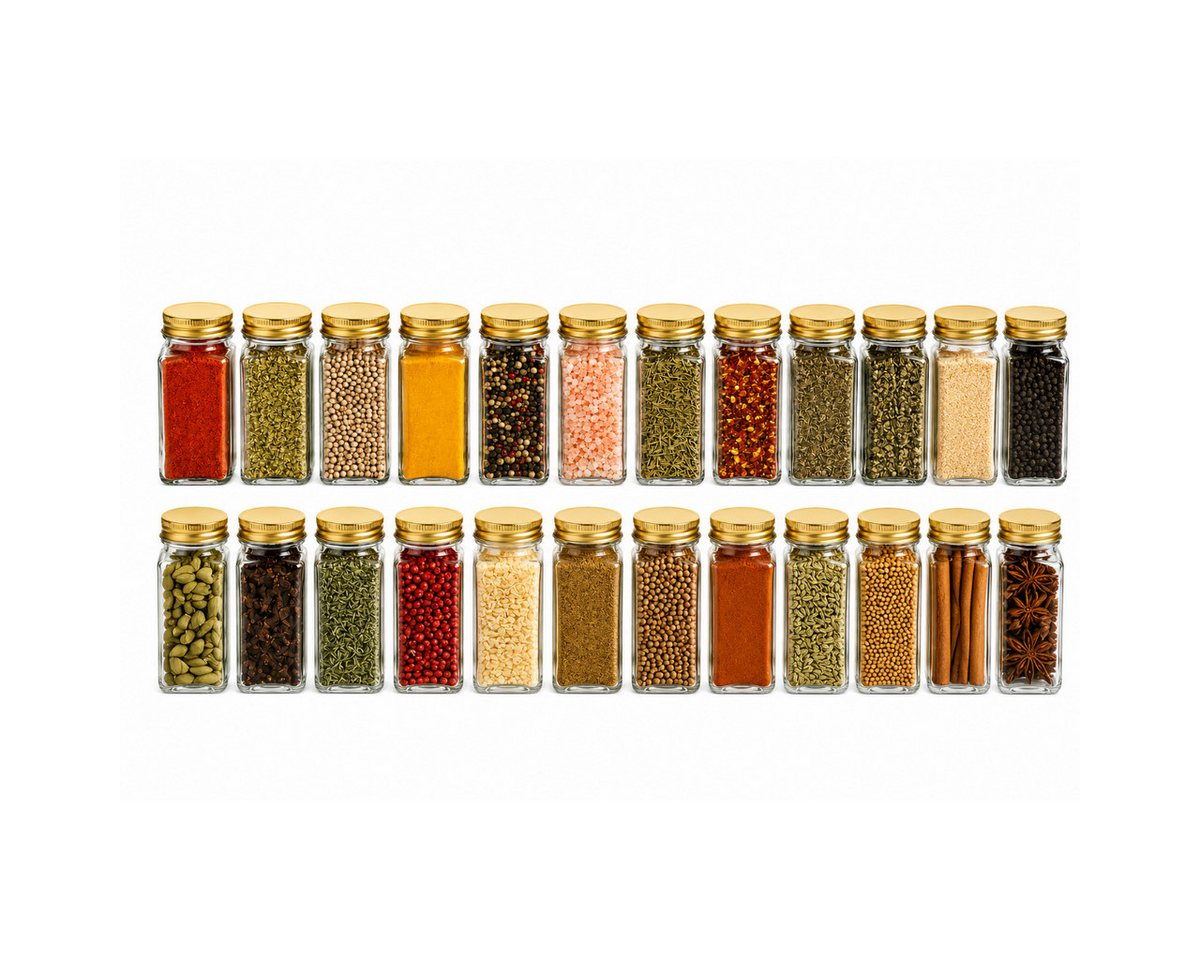 Set Mit 24 Gewürzgläsern Aus Glas, Goldener Organizer Bild 5