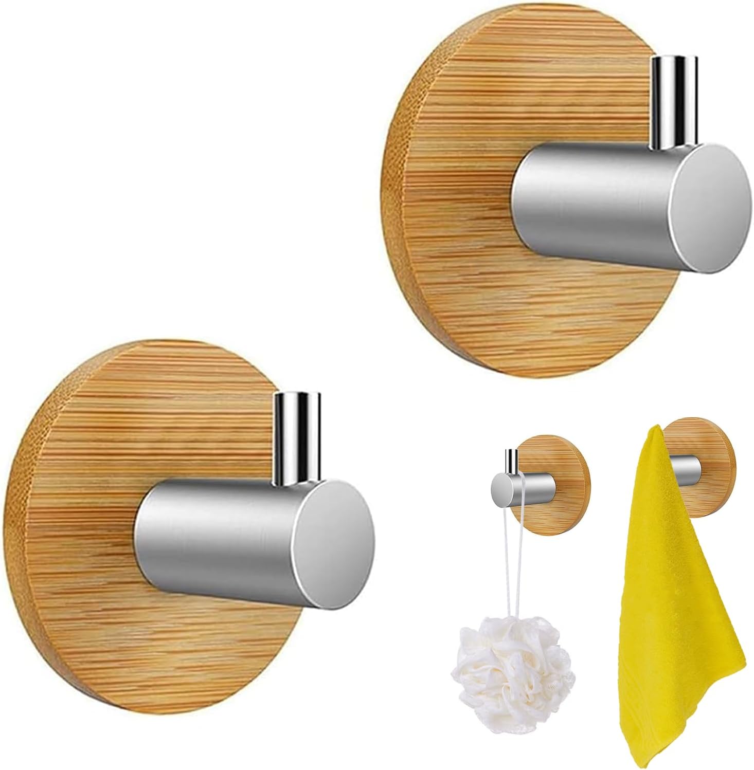 2-teiliges Set Selbstklebender Bambus-wandhaken, Bambus-türhaken, Selbstklebende Edelstahlhaken Und Kleiderhaken Zum Aufhängen Von Gegenständen Im Badezimmer Oder In Der Küche