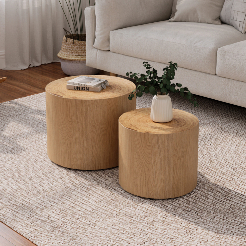 Set Aus 2 Modernen Runden Couchtischen Aus Massivholz Mit Natürlichen Jahresringen – Ideal Für Wohnzimmer, Schlafzimmer, Balkon Oder Büro – Kompaktes Und Elegantes Design
