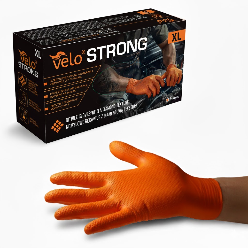 Velo „xl“ Strong – Nitrilhandschuhe Mit Diamantstruktur, Orange Strong, 50er-packung