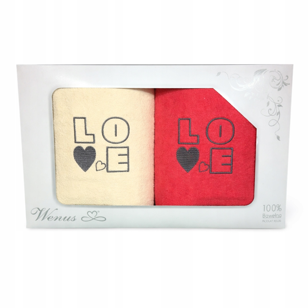 Handtuchset Mit „love“-stickerei, 70 X 140 Cm, Ecru, Rot