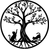 1 Wanddekoration, Lebensbaum Mit Katzen, Schwarz Verzinktes Metall, 50 Cm, Für Den Innen- Und Außenbereich
